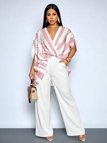 SOLERSUN 女士优雅粉彩条纹叶子印花V领蝙蝠袖褶裥不对称高低摆上衣，裹身式宽松版型（随机花卉图案） - 粉色 - 查看 3