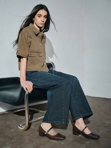 女士3厘米布面包跟黑色时尚百搭玛丽珍低跟粗跟优雅平底鞋，另有藏蓝色、咖啡色、酒红色可选 - 深棕色 - 查看 4