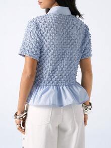 LYSMO Women's Light Blue Summer Elegant Tea Party Blouse,Minimalism Solid Color Front Button Ruffle Hem Short Sleeve Top For Vacation,Work,Beach & Holiday - Blue - View 2
