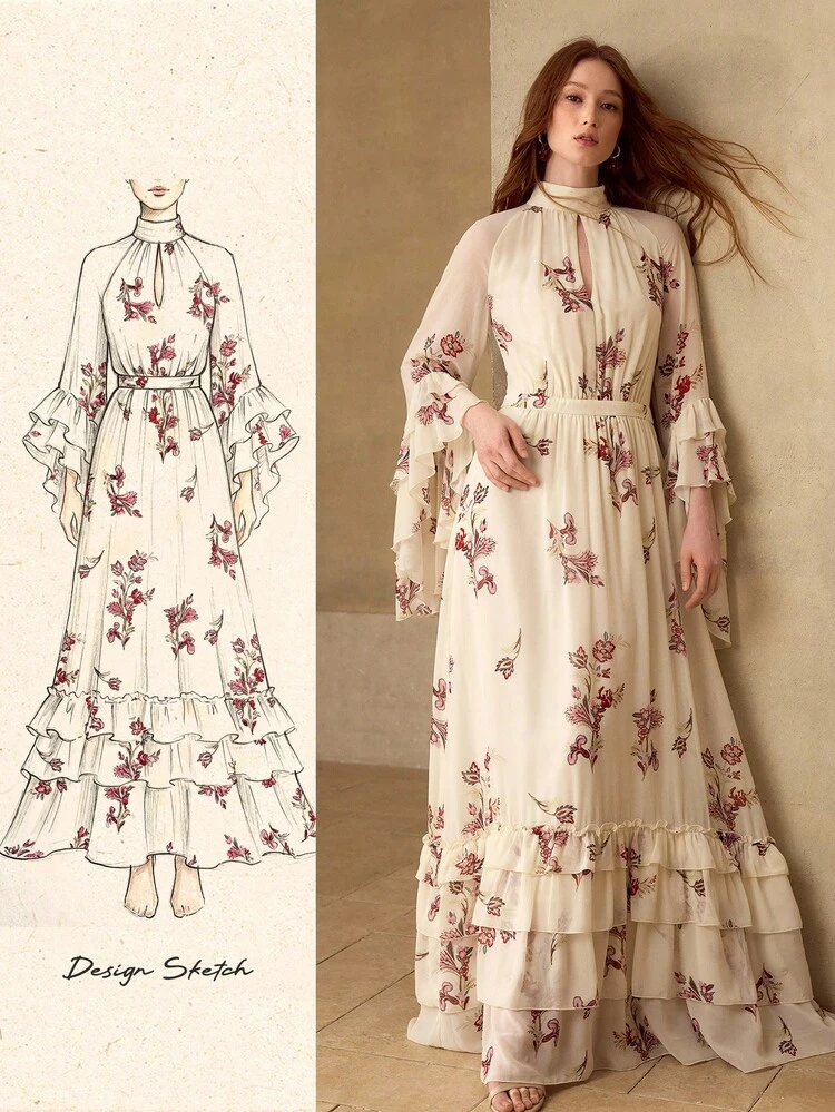 WOMEN'S FLORAL PRINT LAYERED RUFFLE HEM MID-LENGTH SLEEVE MOCK NECK MIDI DRESS, SPRING/SUMMER