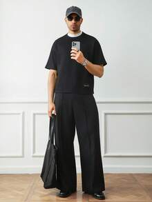 HUEFORM Men's Summer Solid Color Round Neck Short Sleeve Casual Loose T-Shirt , Oversized Boxy Drop Shoulder Tee , Streetwear, Short Loose Fit, Black Crew Neck T-Shirt, Spring Summer Fall Winter - Black - View 5