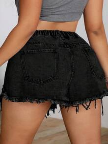 SHEIN CURVE+ Quần short denim đen rách dáng rộng dành cho nữ cỡ lớn, thích hợp mặc mùa hè. - màu đen - Xem 2