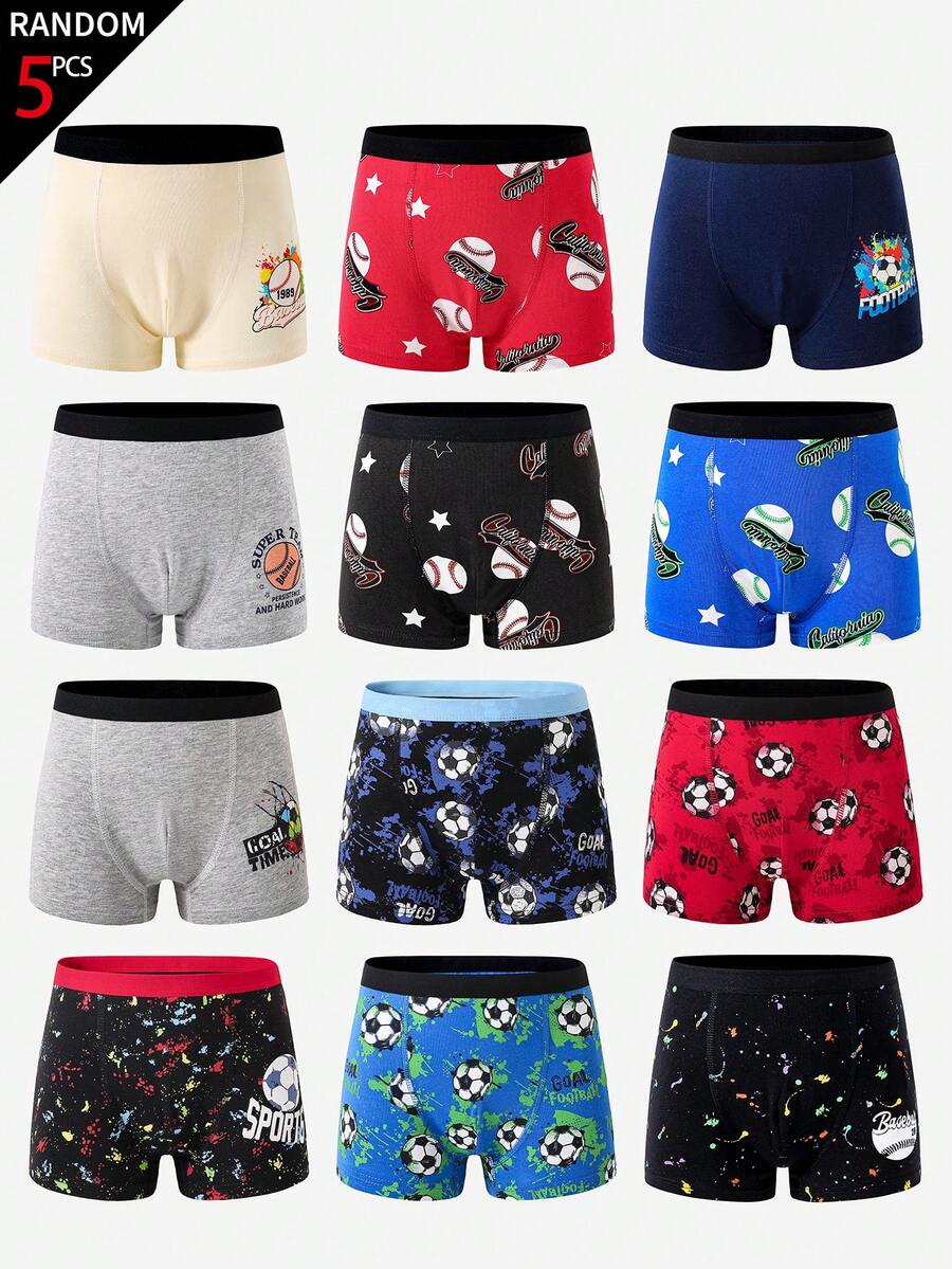 SHEIN 5条/包 男童舒适纯棉内裤,随机印有足球、棒球和彩色图案 - 彩色 - 查看 1