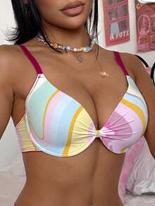 Eraneu 1pc Women's Colorful Striped Ruched Underwire Bra - Multicolor - View 1