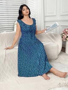 Dazy Plus Piyama Panjang Bodycon Elastis Ukuran Plus Motif Bunga Kecil Modis dengan Kerah Berumbai dan Tali Ikat di Depan untuk Musim Panas - Biru - View 2