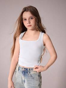 SHEIN 女童休闲吊带背心，夏季上衣，柔软舒适，时尚百搭，适合度假、旅行、校园和日常穿着 - 白色 - 查看 6