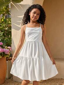 女童休闲宽松白色连衣裙，适合夏季度假、旅行、校园及日常穿着 - 杏色 - 查看 4