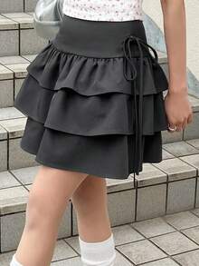 FRIFUL Women's Solid Dark Gray Waistband Side Slit Drawstring Bow Ruffle Hem Layered Pleated Casual Versatile Skirt - Dark Grey - View 6
