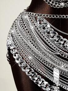 Mistrie Women's Sexy Sheer Chain Rhinestone 2 Pieces Set, Autumn/Winter - Silver - View 4