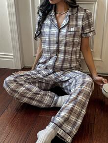 SHEIN Napfluff Conjunto de pijama con chaqueta de cárdigan de manga corta con estampado de cuadros para mujer - Multicolor - Ver 3