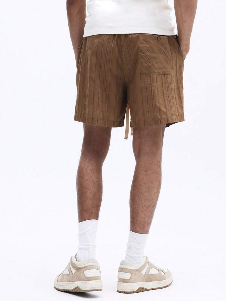 Textured Vertical Stripe Shorts With Drawstring