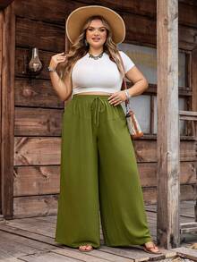 SHEIN CURVE+ Curve 尺码 US22 音乐节、海滨度假、波西米亚风女士黑色口袋抽绳腰带休闲宽松阔腿裤碎花裤，女士秋季服装 - 軍綠色 - 查看 8