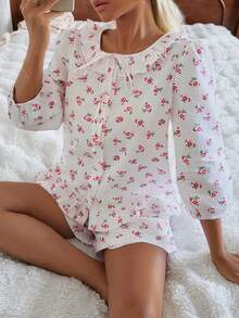 DAZY Conjunto de pijama de mujer con volantes en el bajo y estampado floral diminuto de verano - Blanco - Ver 12
