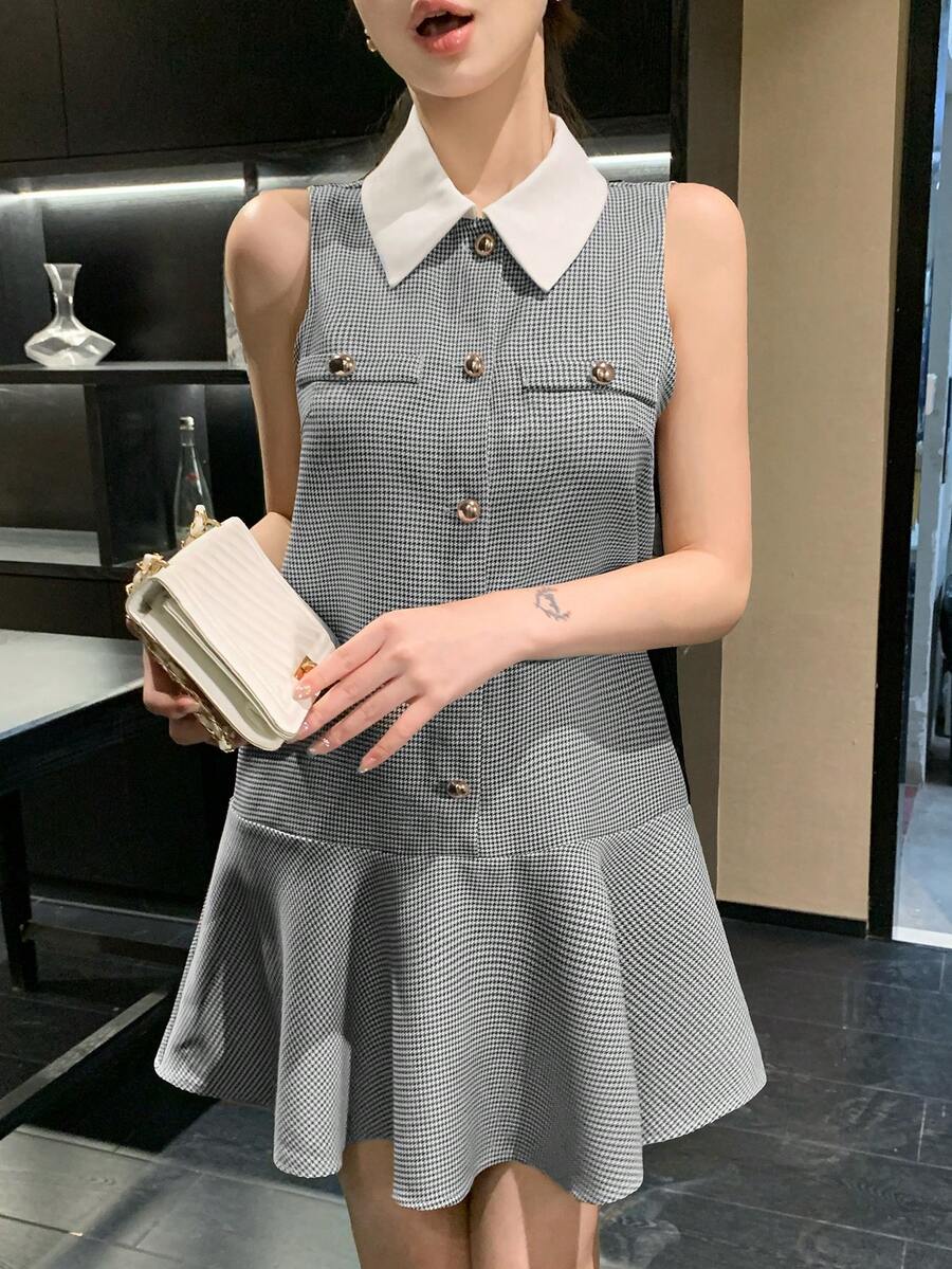 DAZY 女士优雅撞色领假口袋无袖迷你连衣裙，夏季吊带裙 - 黑色 - 查看 1