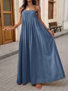 Brillora Đầm dệt trơn màu, dáng rộng, dây mảnh, thích hợp cho kỳ nghỉ xuân/hè. - Màu xanh bụi bặm - Xem 2