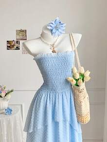 Comfortcana 女士夏季沙滩度假纯色褶皱上身多层下摆抹胸长裙 - 藍色 - 查看 5