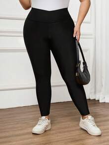 SHEIN CURVE+ Quần legging cạp cao màu đen dành cho nữ cỡ lớn, kiểu dáng thường ngày. - màu đen - Xem 4