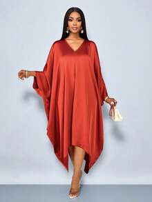 SOLERSUN 女士优雅飘逸蝙蝠袖V领缎面中长连衣裙，适合派对、情人节约会等场合 - 鏽棕色 - 查看 3