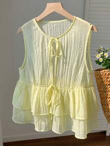 Comfortcana Women's Front Tie Light Yellow Ruffle Hem Sleeveless Blouse, Summer Yellow Babydoll Top - Yellow - View 7