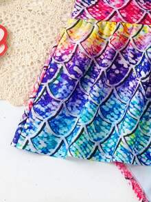 SHEIN Young Girls Mermaid Print Bow Cute Swimsuit, Sports, Beach, Vacation, Swimming, Casual & Fun - Purple - View 6