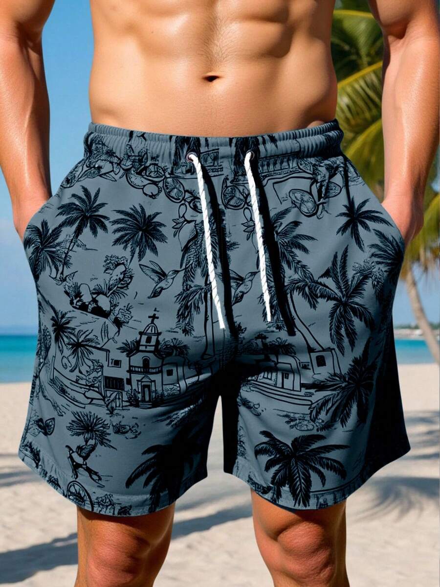 Manfinity Swimmode Quần short đi biển nam mùa hè, họa tiết nhiệt đới, cạp chun, túi xéo, dáng rộng. - Nhiều màu - Xem 1