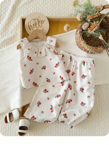 SHEIN LMoss Kids 女宝宝夏季度假可爱碎花荷叶边无袖上衣和松紧腰裤套装 - 卡其色 - 查看 3
