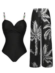Swim Oasis 女士夏季休闲沙滩度假交叉绑带石饰连体泳衣和随机椰树印花百搭长裤两件套泳装 - 彩色 - 查看 5
