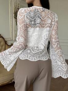 DAZY 女士圆领蕾丝半透明优雅衬衫 - 杏色 - 查看 3