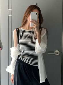 DAZY Women's Sleeveless Striped Knit Tank Top, Casual Layering Vest - Black and White - View 7