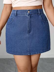 SHEIN Elenzya Minifalda de mezclilla sexy de cintura alta con bolsillos para mujer de talla grande - Azul - Ver 8