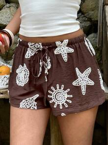 Aloruh Women's Casual Beach Vacation Embroidered Brown Wide Leg Shorts - Brown - View 8