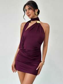 Firerie 女士优雅、精致、浪漫、端庄、简约通勤及日常穿着短裙，情人节约会之选 - 中紫紅色 - 查看 5