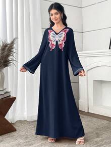 SHEIN Đầm maxi dài tay cổ chữ V màu xanh hải quân trơn cho bé gái, kiểu dáng thường ngày, họa tiết bướm, viền ruy băng vàng, thích hợp cho kỳ nghỉ, phong cách Ả Rập, dáng rộng, mùa xuân thu, mặc hàng ngày, đầm maxi kiểu Jalabiya Ả Rập. - Màu xanh hải quân - Xem 3