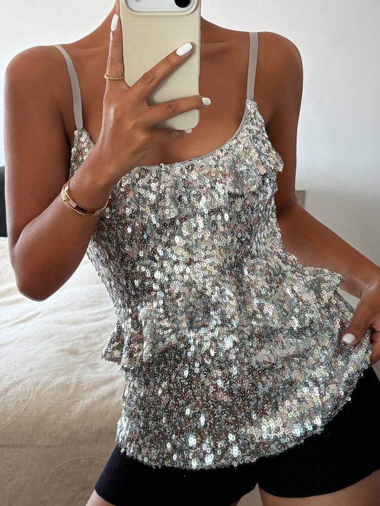 Shiny Sequin Party Camisole Top For Women, Suitable For Summer Holiday