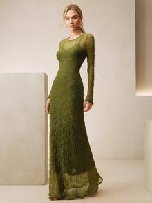 Anewsta 女士优雅高弹蕾丝吊带连衣裙 - 綠色 - 查看 5