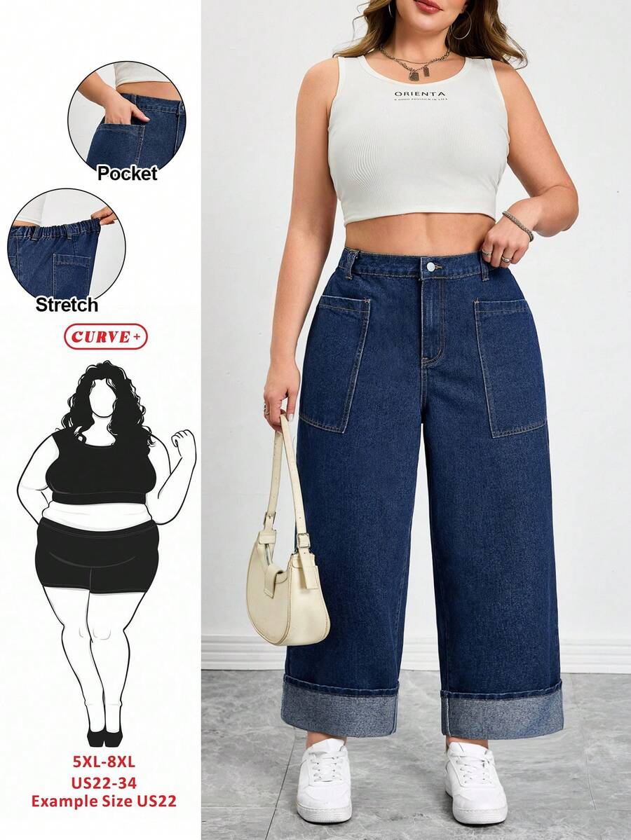 SHEIN CURVE+ Plus Size Blue Denim Straight Leg Cropped Jeans With Zipper Detail And Pockets - Blue - View 1