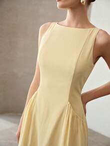 MOTF PREMIUM SOLID SLEEVELESS SLANT POCKET DRESS - Yellow - View 2