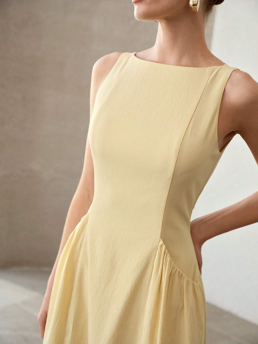 MOTF PREMIUM SOLID SLEEVELESS SLANT POCKET DRESS - Yellow - View 2