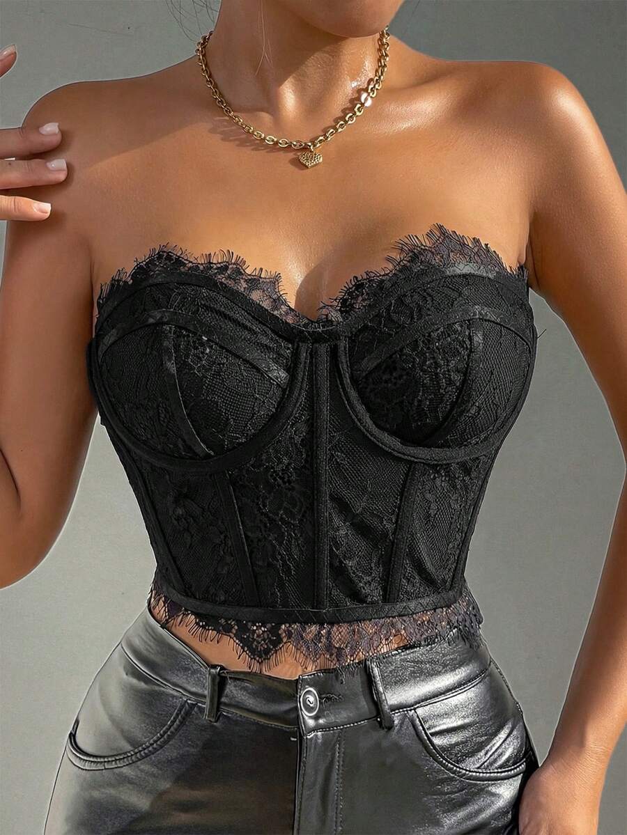 Allurite Women's Black Lace Patchwork Corset Tube Top With Bra,Elegant Summer Night Club Strapless Versatile Tops - Black - View 1