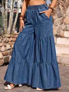 Breezaya Solid Color Pleated Loose Elastic Waist Casual Jeans With Pockets - Dark Wash - View 5