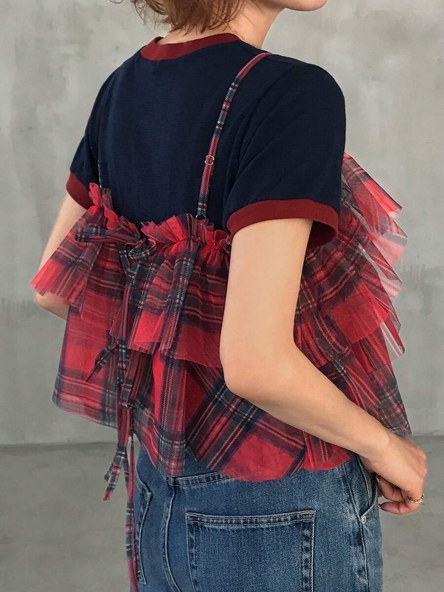 FRIFUL Mesh Plaid Lace-Up Layered Pleated Frill Trim Loose Casual Versatile Camisole Summer Graphic Tee - Red - View 1