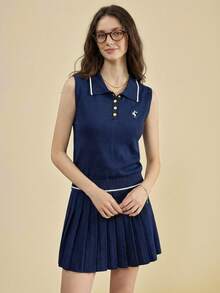 Muvela 两件套：藏蓝色翻领无袖背心和半身裙，复古学院风，优雅百搭，适合派对、通勤、办公、日常穿着。 - 藏蓝色 - 查看 3