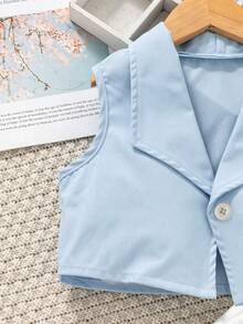 SHEIN Genkimix Kids 少女纯色翻领开衫和吊带连衣裙套装，适合日常穿着和略微正式的场合，非常适合晚春、夏季和初秋。 - 淺藍色 - 查看 8