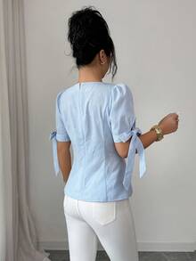 Elenzga Women's Elegant Commuter Square Neck Jacquard Short Sleeve Blouse, Summer - Blue - View 2