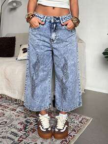 StreetHx Fashionable Casual Street Style Distressed Low Waist Wide Leg 7/8 Length Jeans - Light Wash - View 7