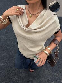 Siren Gaze Women's Spring/Summer New Arrival Ruffle Collar Sleeveless Lace Patchwork Blouse, Elegant Fitted Shirt - Apricot - View 6