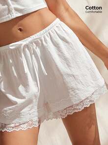 Easelle 女士休闲抽绳腰带撞色蕾丝宽松短裤，适合夏季日常通勤 - 白色 - 查看 7