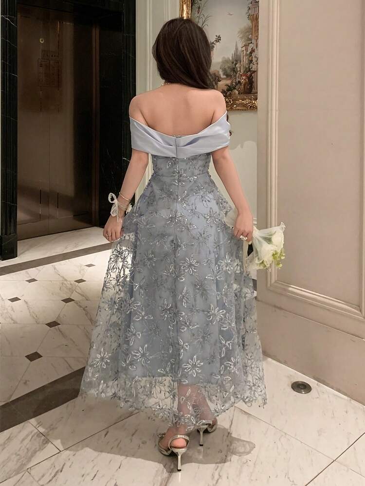 Women's Elegant Lace Patchwork Asymmetric Shoulder Midi Dress, Suitable For Bridesmaids, Summer Sundress Off The Shoulder