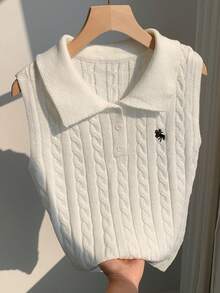 SHEIN EZwear 女士休闲无袖针织Polo衫，骑士图案 - 白色 - 查看 6