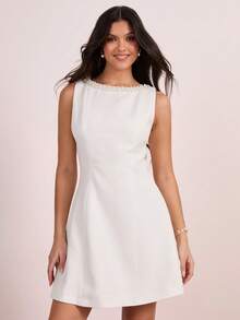 Enchnt Pearl Embellished Waist A-Line Elegant Evening Dress For Women - White - View 6